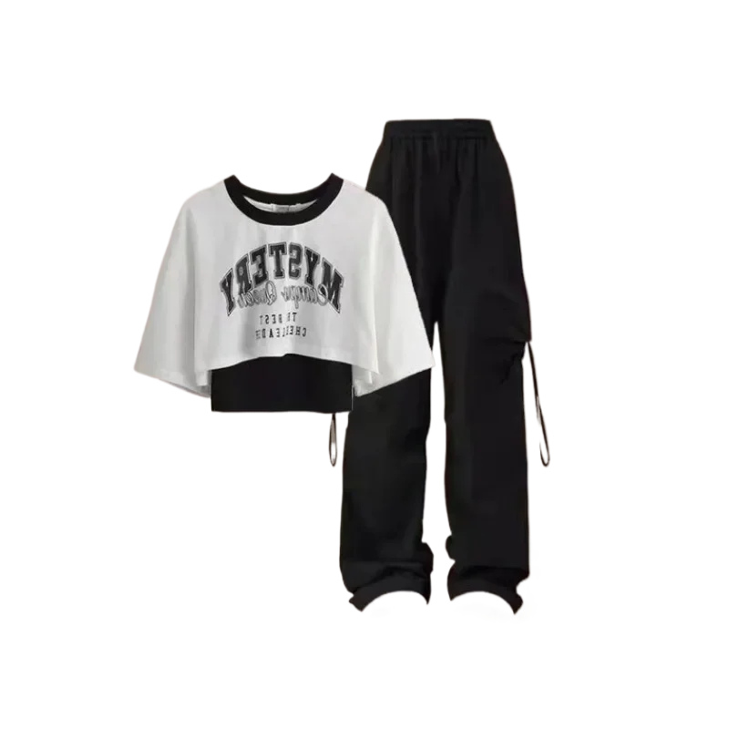 Women's 2025 Summer New Tracksuit Matching Set Korean Elegant Loose Short Sleeved T-shirt+suspender+Cargo Pants Three Piece Suit 6