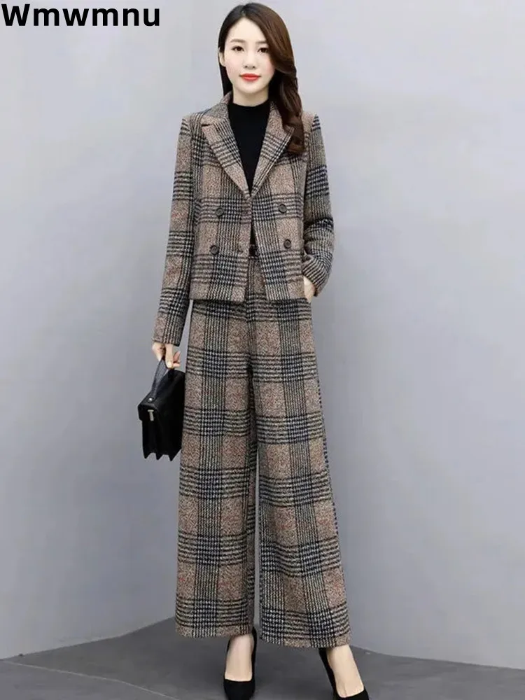 

Winter Office Classic Plaid Woolen Blend 2 Piece Set Elegant Chic Ol Suits Coat Chaquetas Conjuntos Thick Wide Leg Pant Ensemble