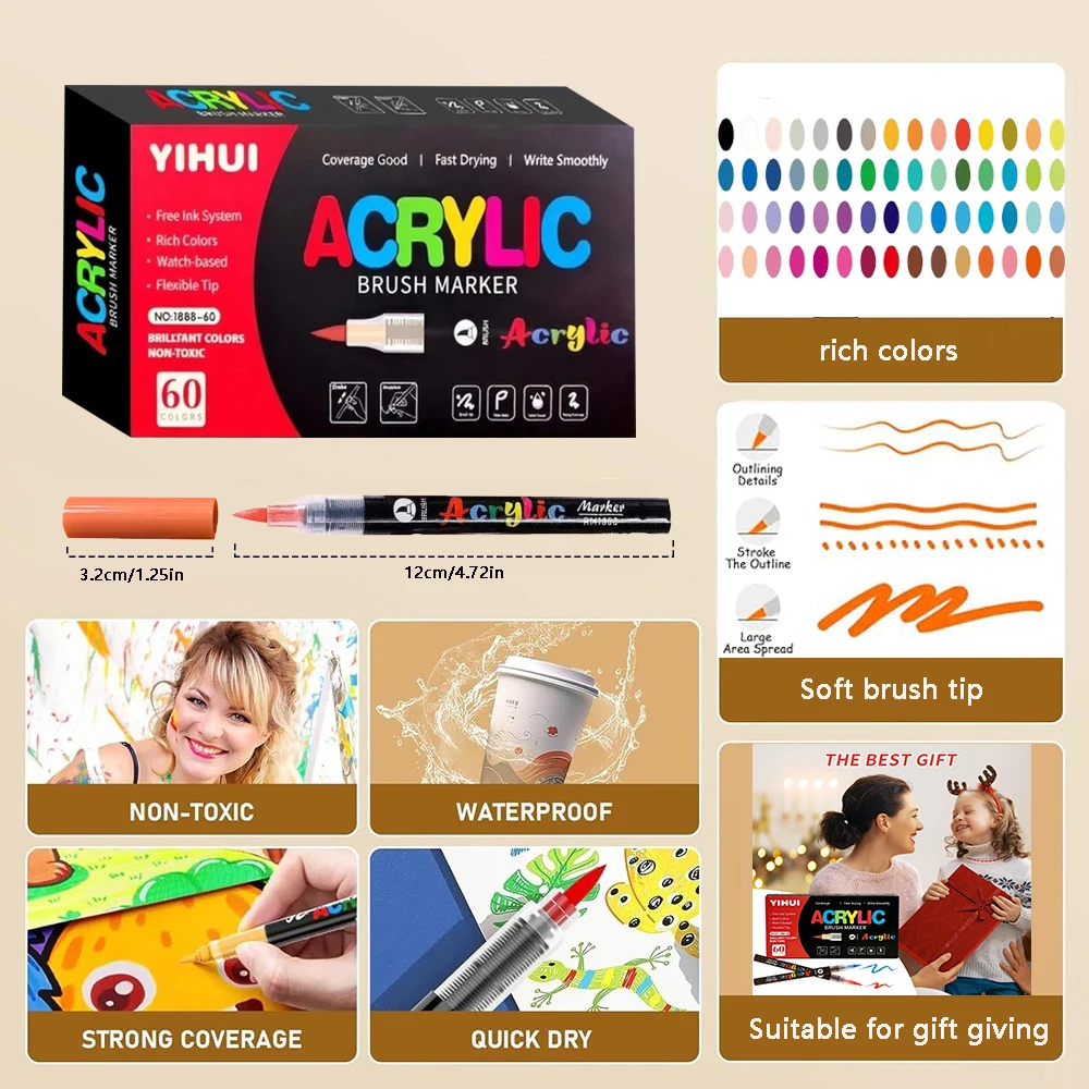 Set di pennarelli acrilici da 12-60 colori, pennarelli a punta morbida da 1-5 mm per pittura su roccia, legno, pietra, vetro, regalo, fai da te, artigianato - immagine 2