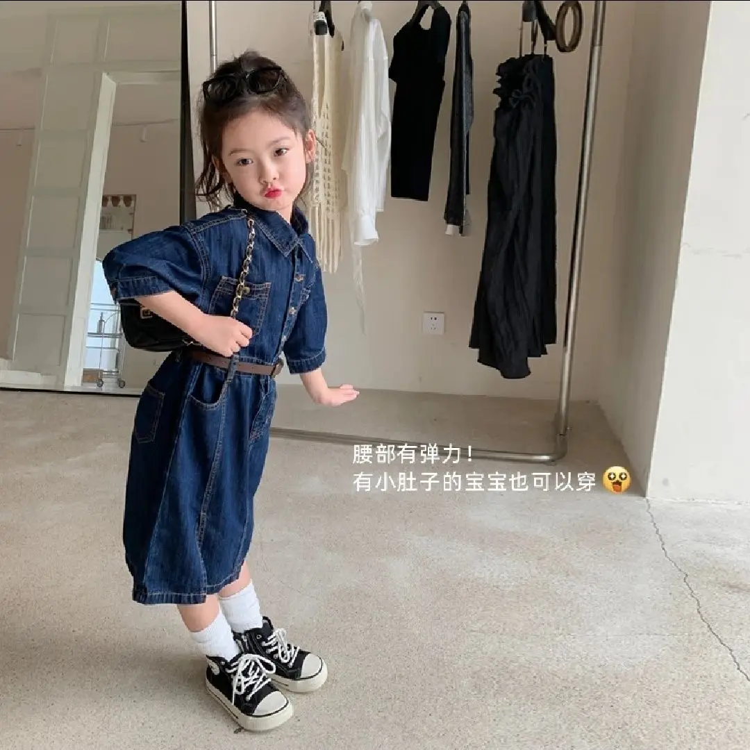 Spring summer baby children kids girl Belt denim casual cotton dresses Children's clothes
