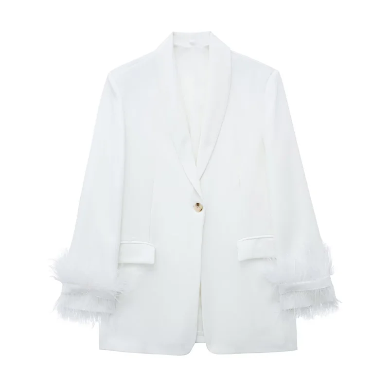 

Woman Fashion White Straight Button Blazers 2023 Spring Female Elegant Fur Patchwork Blazers Ladies High Street Outwear