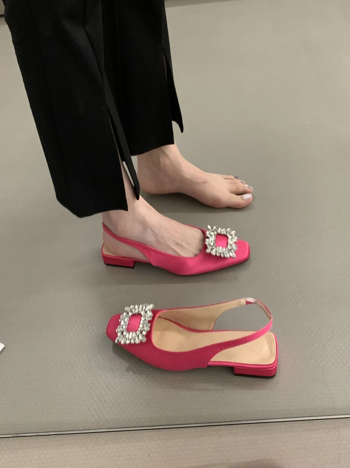 Rhinestone Women's Pumps Pointed Toe Slingback Thin-heeled Female Sandals New Fashion Crystal Shallow Mouth Ladies Shoes