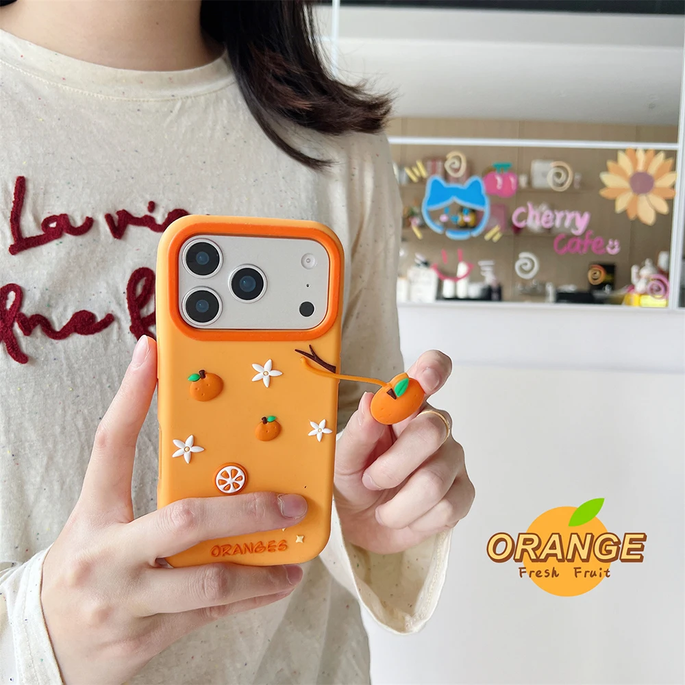 Cute 3D Orange Silicone Case with Pendant - Fun and Shockproof Cover