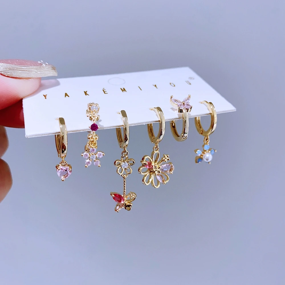 High End 6pcs/set Flower Butterfly Pendant Drop Earrings Gold Plated Cubic Zirconia Stone Women Jewelry 4