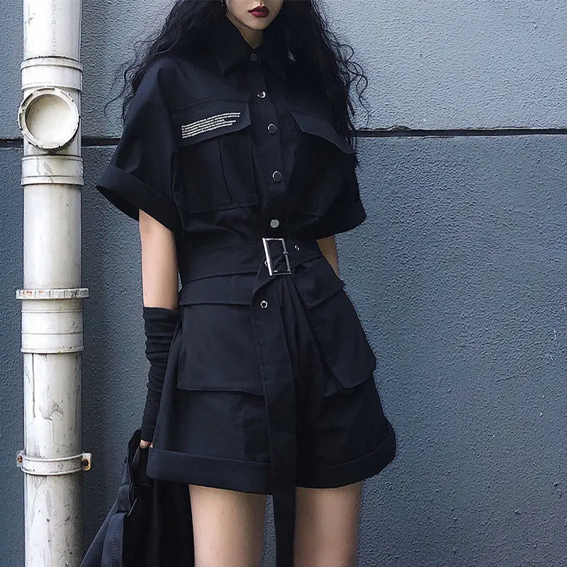 HOUZHOU Black Jumpsuit Overalls Women Playsuit Gothic Y2k Shorts Sets Short Sleeve Outfit Harajuku Vintage Trouser Suits Female custom jumpsuit fitness bodysuit playsuit summer men zipper short sleeve rompers pants diy your own design streetwear loose sets