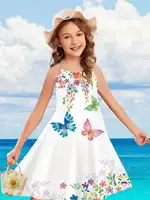 Robe à bretelles spaghetti pour filles, imprimé floral papillon, dos croisé, robe d'été douce pour le printemps, l'été, la plage, les vacances, vêtements pour enfants 1