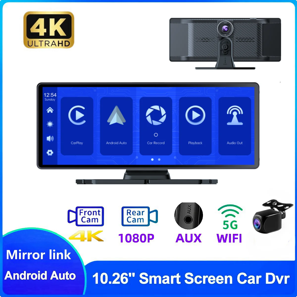 

10.26 Inch Car Dvr 4K 3840*2160P Dash Cam Rearview Dashboard Dual Lens Android Auto&Carpaly Camera Driving Recorder