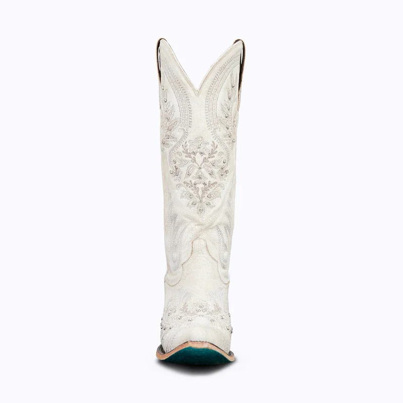 2023 New Cowboy Boots For Women Leather Chunky Heels Pointed Toe White Embroidered Western Boots Slip-on Shoes Female