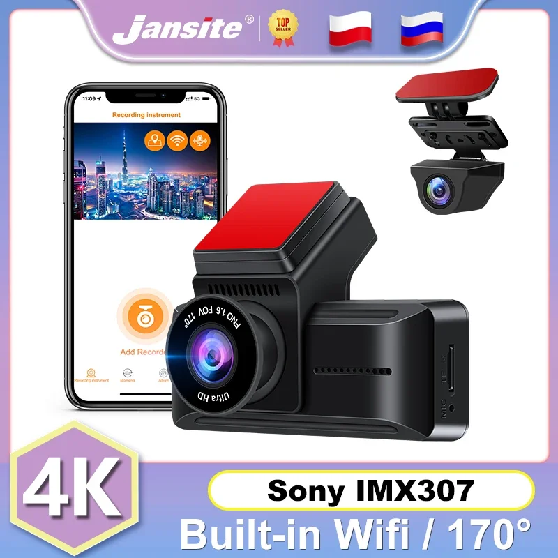 Jansite Mini Dash cam 4K Carro DVR 2160P + 1080P Câmera Frontal Dual Lens Dashcam Time-lapse Vídeo Sony IMX307 Registrar 24H Gravação