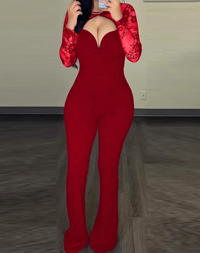 Jumpsuit Women Spring Fashion Asymmetrical Neck Long Sleeve Contrast Lace Casual Plain Skinny Daily Semi-Sheer Long Jumpsuit