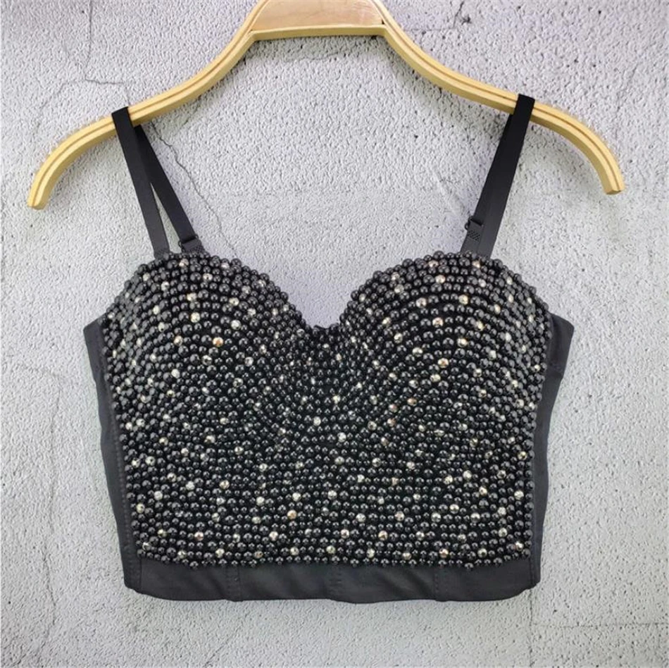 alta qualidade feito mão pérolas jóia diamante bralet bustier sutiã feminino recortado topo colete moda