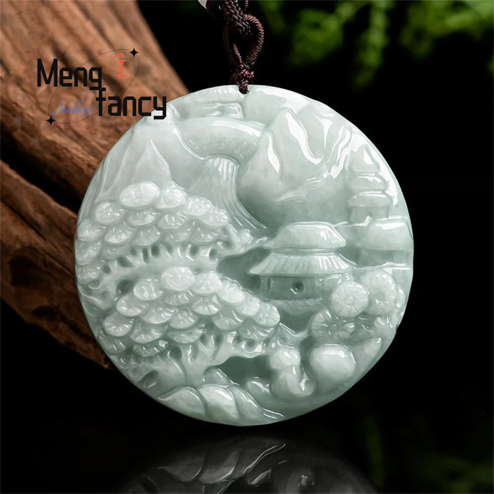 Natural Myanmar A-goods Jadeite Landscape Plaque Jade Pendant Double-sided Carving Exquisite Luxury Fashion Jewelry Holiday Gift