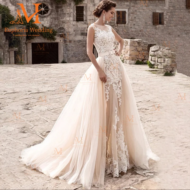 

Wedding Dress Vestidos De Novia For Woman Boda Casamento Robe Mariee Tulle Mermaid 2En1 Desmontable Appliques Sleeveless Mariage