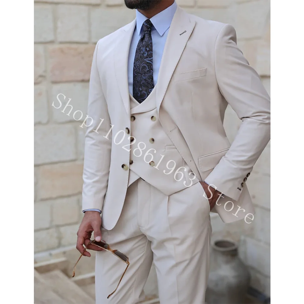 Ivory Weddding Suits For Men Peak Lapel Two Buttons 3 Pieces Formal Groomsmen Bridegroom Wedding Tuxedos Blazer Trajes De Hombre