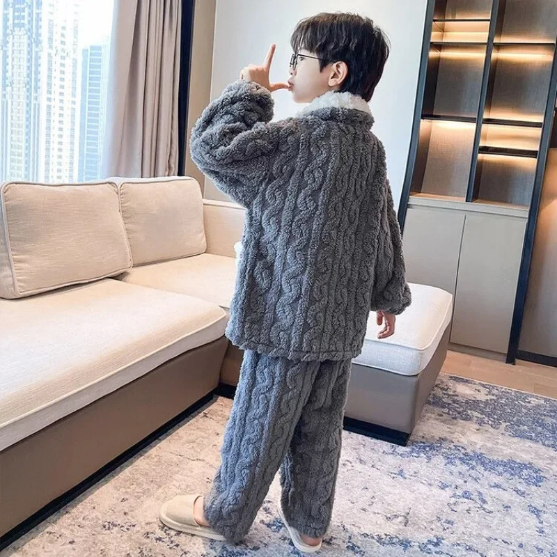 2024 New Boys' Pajamas Winter Version Latest Set Sleepwear Teenagers' Baby Homewear Autumn Nightwear Thick Casual Nightgown