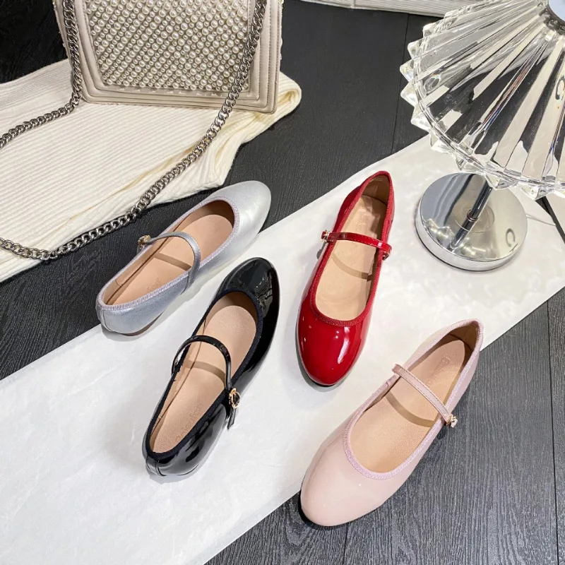 Shiny PU Leaather Flats Mary Janes Shoes Women Red Elegant Basic Pointed Toe Loafers Spring Autumn Daily Casual Black Shoes New 2