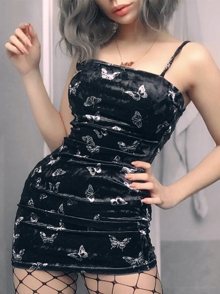 Harajuku Black Dress Women Gothic Spaghetti Strap Backless Off Shoulder  Dresses Female Fashion Casual Print Sexy Dress - AliExpress 200000345
