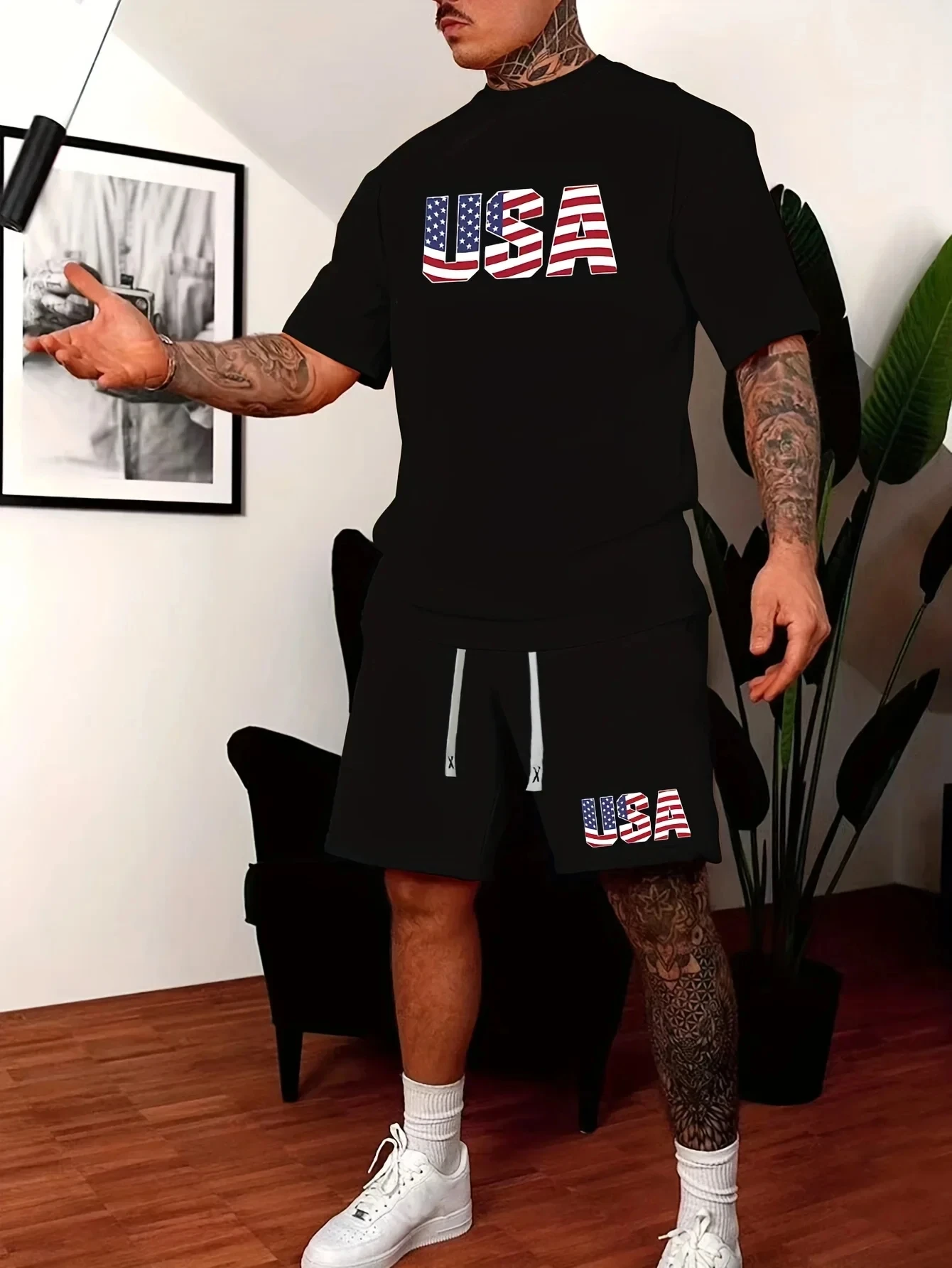 2024 크로스 보더 오버사이즈 남성 캐주얼 Usa3D 프린트 패턴, 루즈한 라운드넥 반팔 티셔츠 및 반바지 세트, 여름