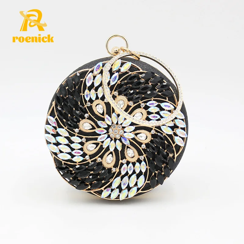 

ROENICK Women Round Metal Rhinestone Evening Bags With Handle Dinner Party Wedding Banquet Handbags Purses Cocktail Gold Clutch