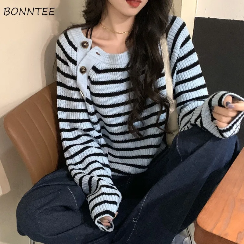 

Knitting Pullovers Women Loose Striped Irregular Korean Style O-neck All-match Sweater New Designed Y2k Casual Tops Streetwear