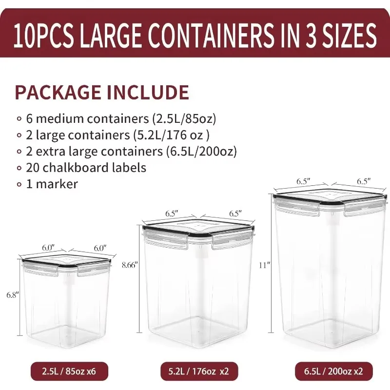 Large Airtight Food Storage Containers with Lids, 10PCS Plastic Cereal Storage Containers, Kitchen & Pantry Organizers