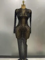 Sexy Shinny Rhinestone Stretch Mesh Transparent Long Dress 2025New Women Evening Birthday Party Prom Nightclub Singer Stage Wear - Image 4