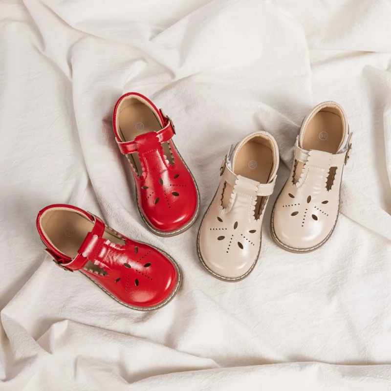Leather Kids Flat Shoes Classic T-strap for Little Girls