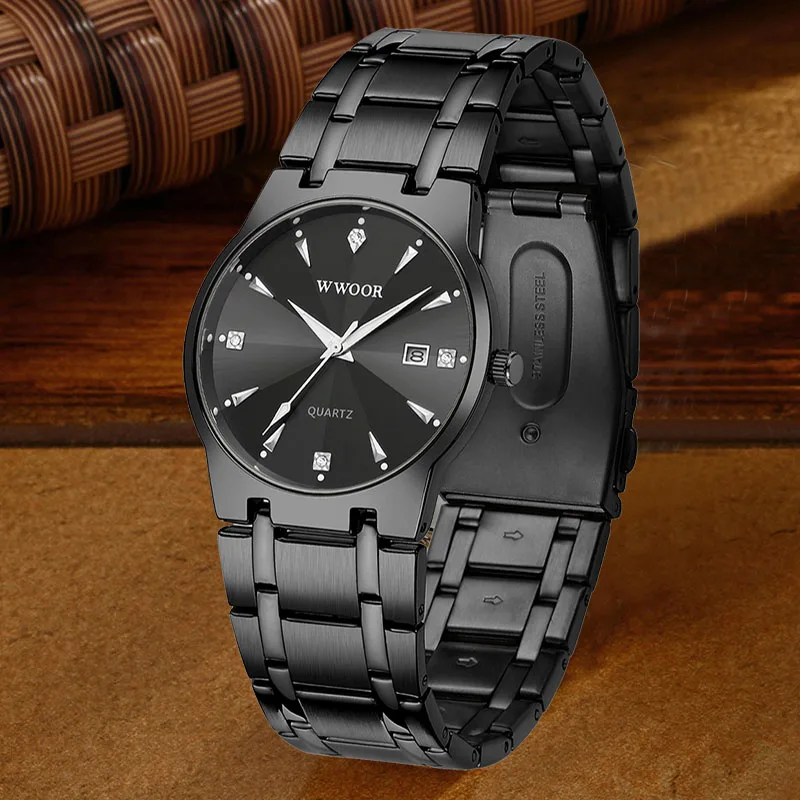 WWOOR 2023 Fashion Men Watches Luxury Diamond Quartz Full Black Watch For Men Stainless Steel Waterproof Date Clock Reloj Hombre