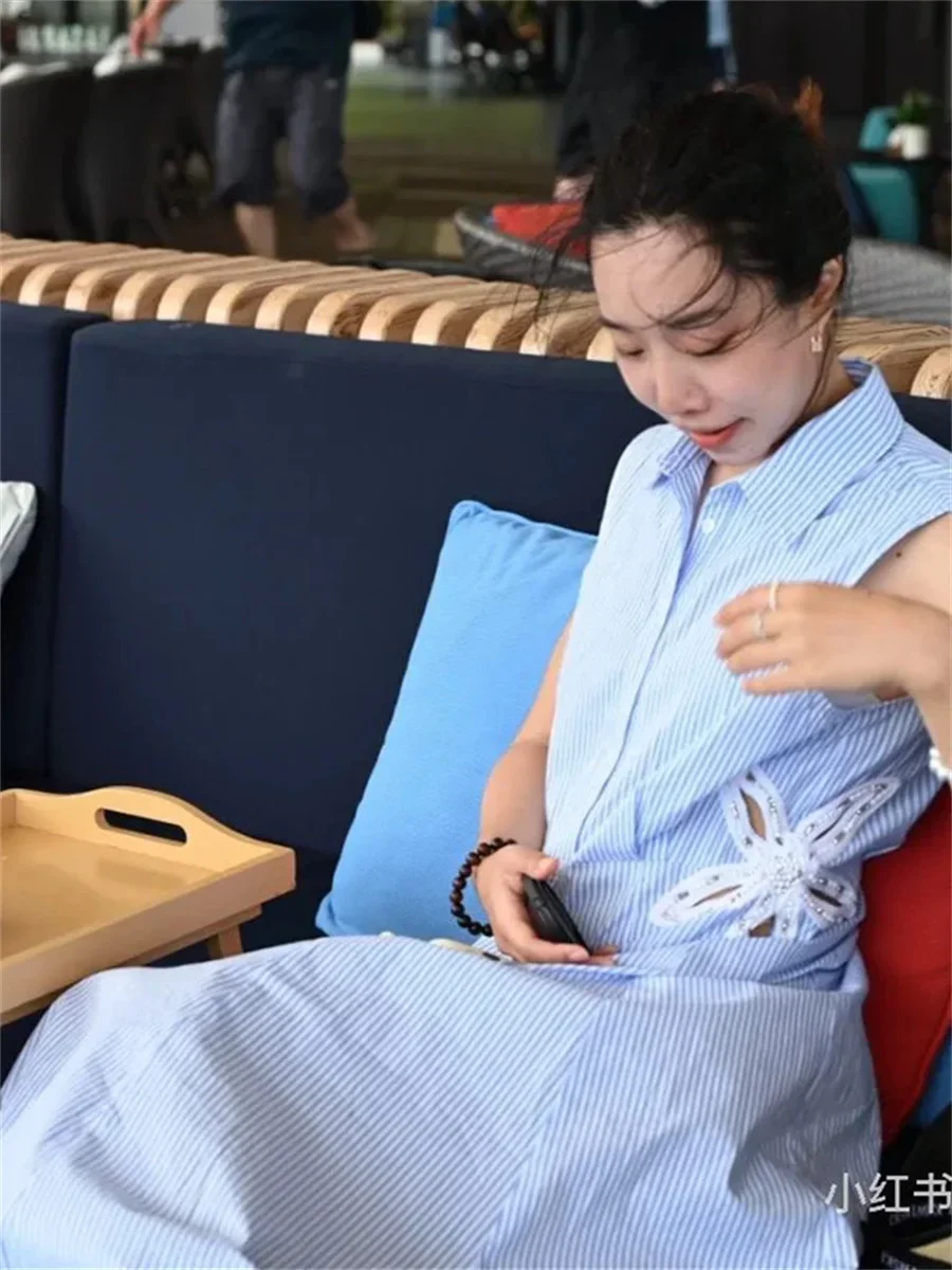 Summer New 2025 Fashion Suit Women Blue Striped Flowers Hollow Out ...