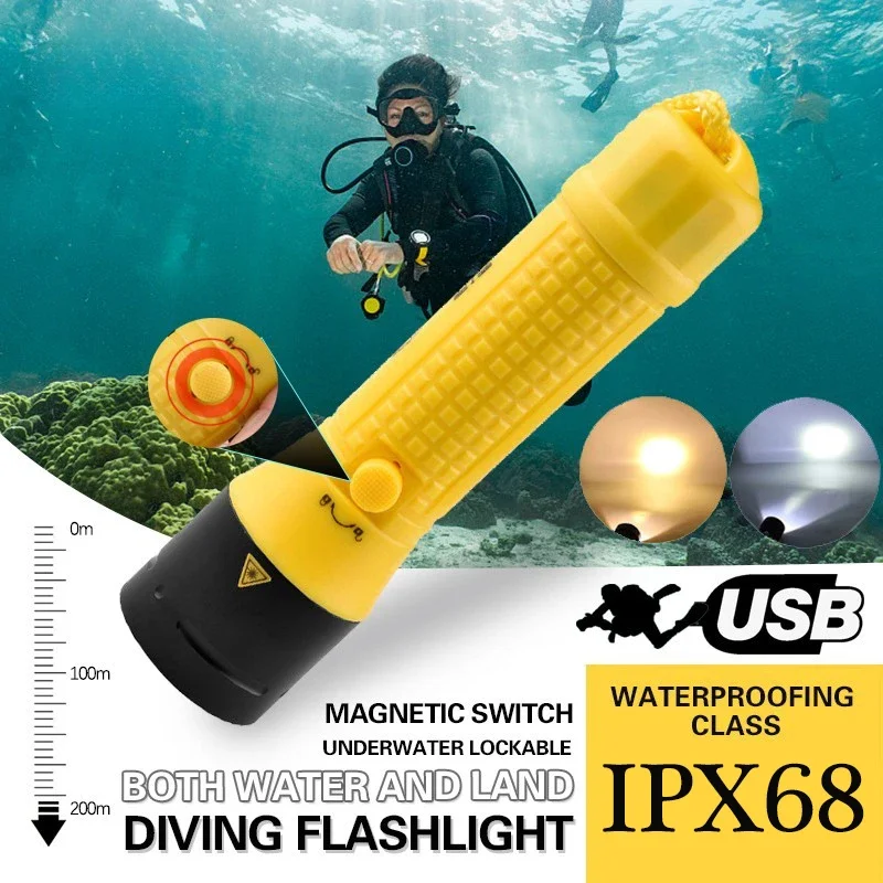 

XM L2 LED Scuba Diving Flashlight IPX68 Waterproof Underwater 100m Dive Lamp Built-in 6000mAh Battery Rechargeable Dive Light