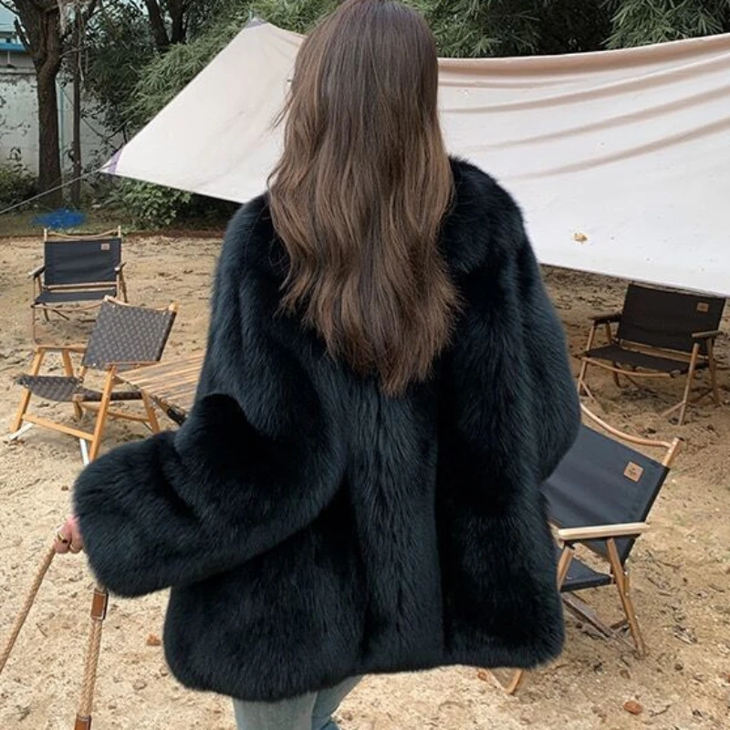 Faux Fox Fur Coat Women Mid Length Version V-neck Loose Outwear 2023 Winter New Thicken Warm Casual Jacket Fashion All-match Top