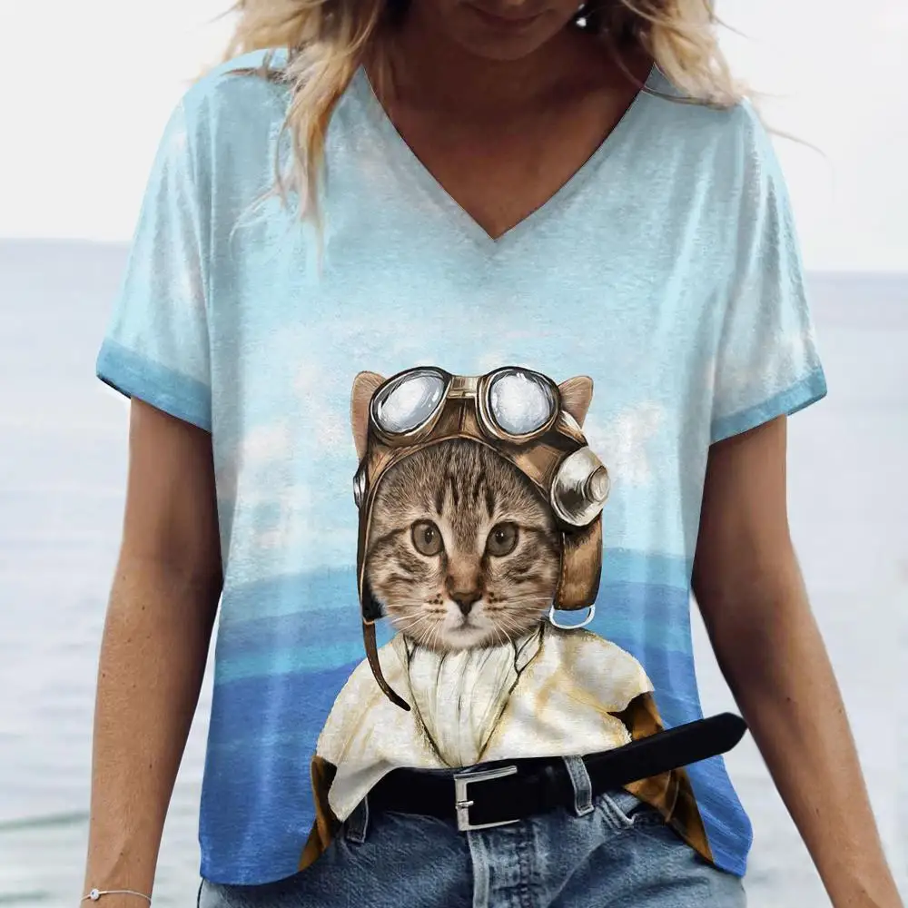 

Футболка женская с коротким рукавом, модный Повседневный пуловер с 3D рисунком кота и животных из мультфильмов, забавная уличная одежда, топы