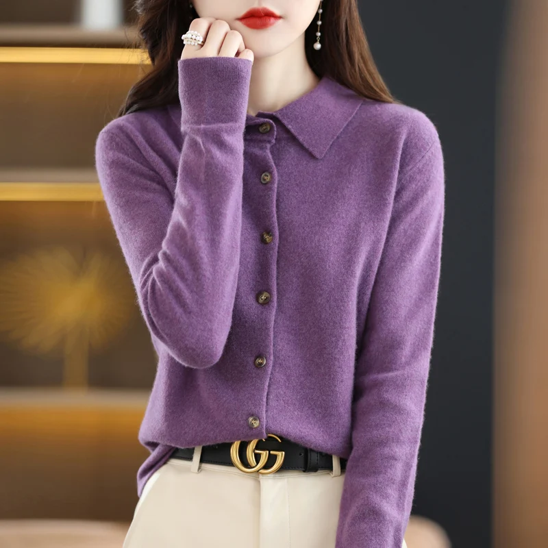 

Spring And Autumn New Women's Long-sleeved POLO Shirts Are Simple, Generous And Comfortable All-match Lapel Knitted Cardigans