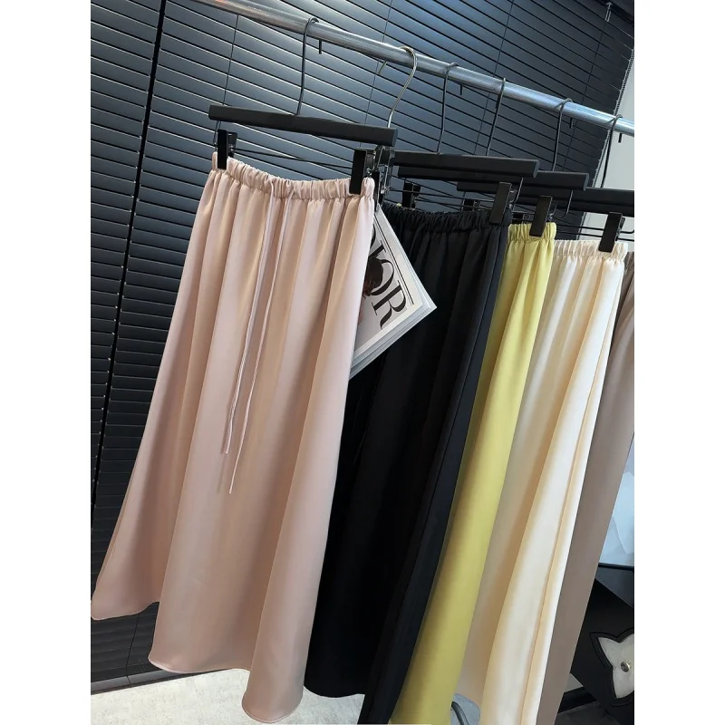 

Acetate Satin Skirt Straight Long Skirt Spring New Pure Color Lazy Lace-up High-Grade Drape Smooth A- line Skirt Qingyfs