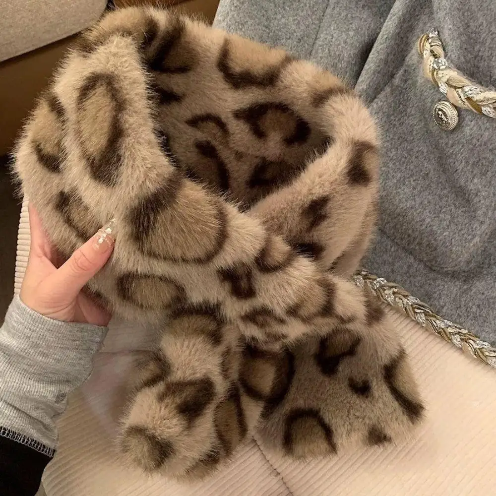 Fashion Leopard Print Cross Scarf Winter Thicken Warm Faux Rabbit Fur Collar Scarf Windproof Soft Winter Scarf Neck Warmer Hot