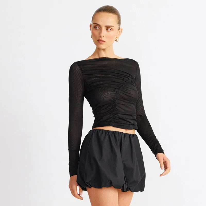 Summer See-Through Mesh T-shirt Top Women Pleated Patchwork See-Through Slim Cropped Top Tee Female Solid T-shirt Pullover