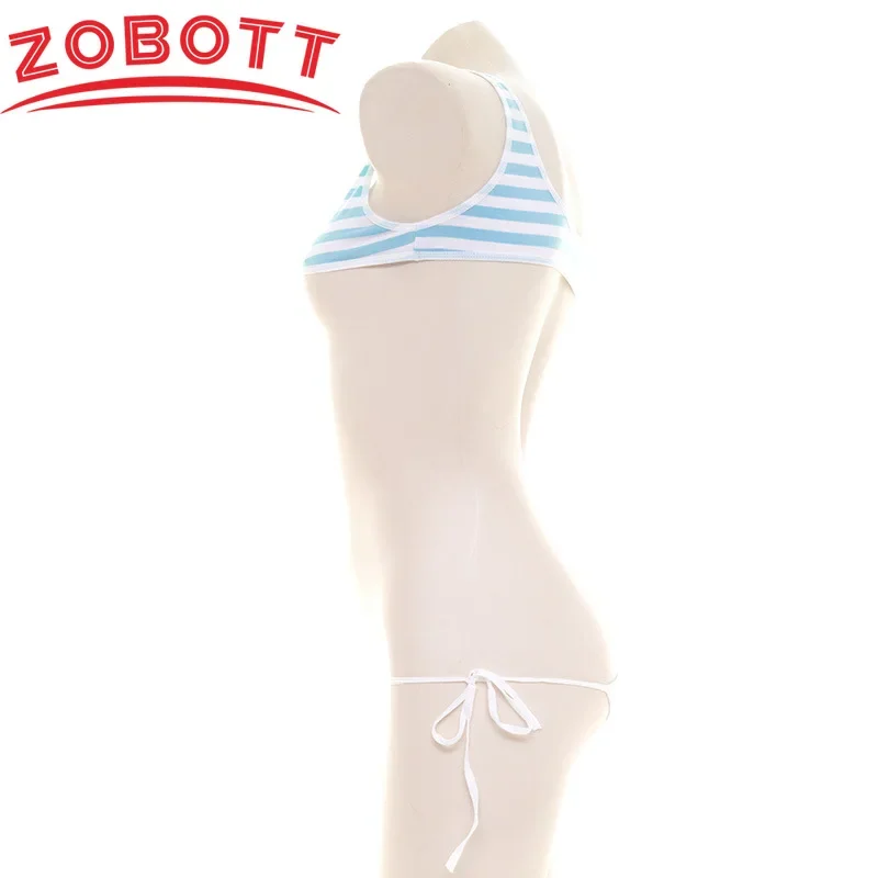Women Lingerie Japanese Sexy Lolita Kawaii Blue Pink Striped Mini Bikini Adult Cosplay Costume