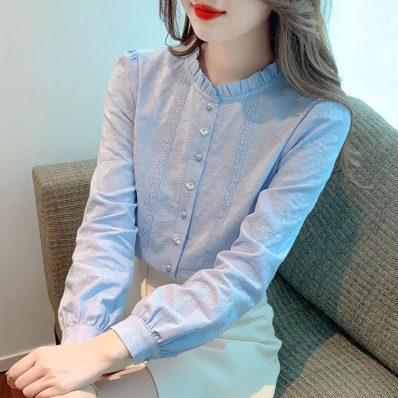 Embroidery Women Spring Autumn Blouses Shirts Lady Casual Long Sleeve Stand Collar Solid Color Blusas Tops DF4774 1 Embroidery Women Spring Autumn Blouses Shirts Lady Casual Long Sleeve Stand Collar Solid Color Blusas Tops DF4774