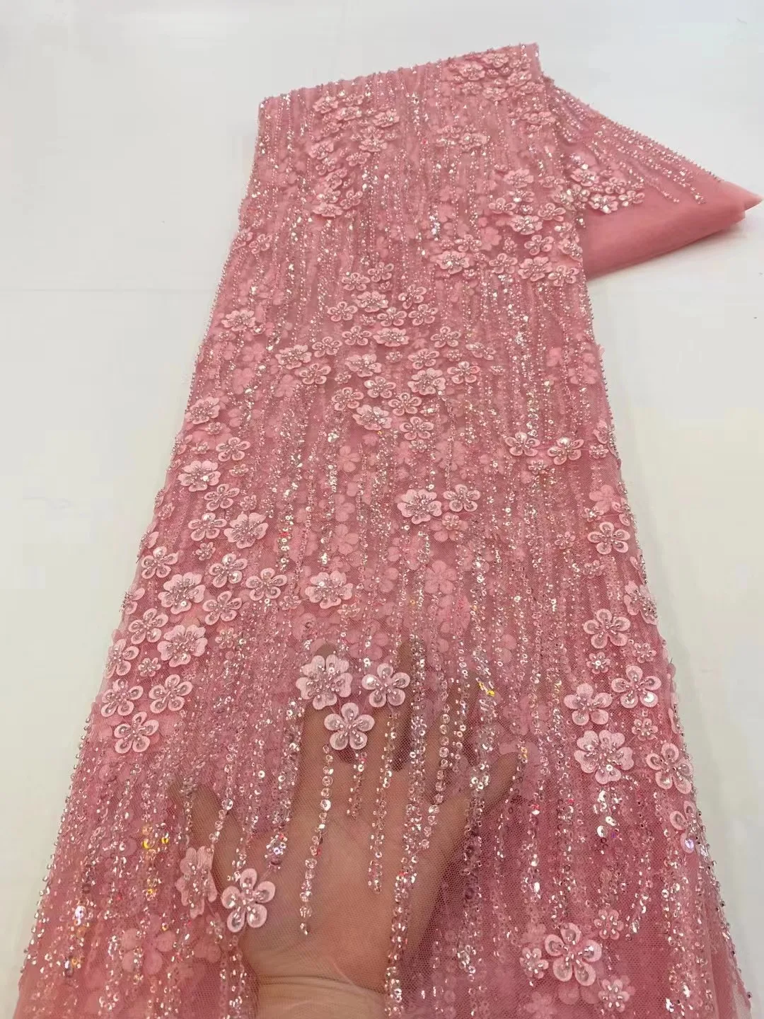 

Luxury Beads Sequence African Lace Fabric 5 Yards 2023 High Quality French Tulle Sequins Nigerian Asoebi Wedding Fabrics Sewing