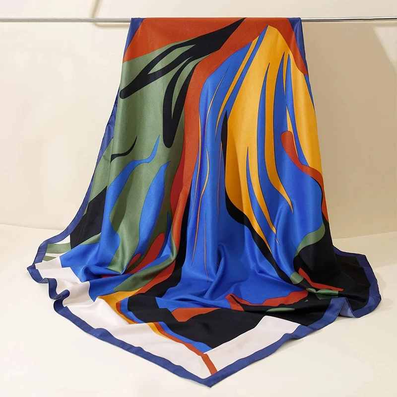 90*90cm Abstrakte Muster Seide Quadrat Schal Hijab Frauen Bandana Weiche Schals Halstuch Damen Haar Schal Wrap Stirnband – Detail 5