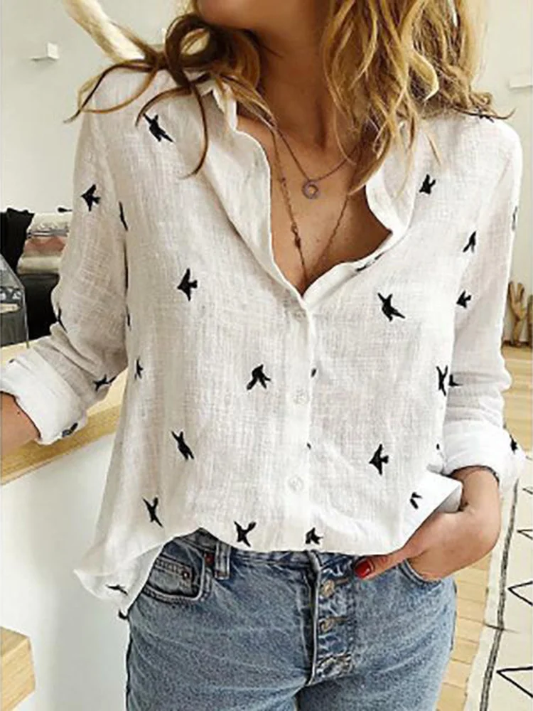 

Elegant Cotton Linen Shirts Top Women 2023 Casual Button Lapel Blouses Top Spring Summer Long Sleeve Loose Tops Office Lady Top
