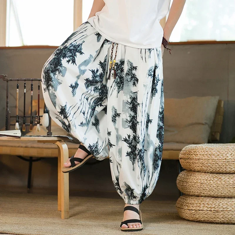 Wide-leg Pants Men Japanese Styles Retro Thin Harem Printed Pants Men Harajuku Style Casual Women Jogging Lantern Trousers