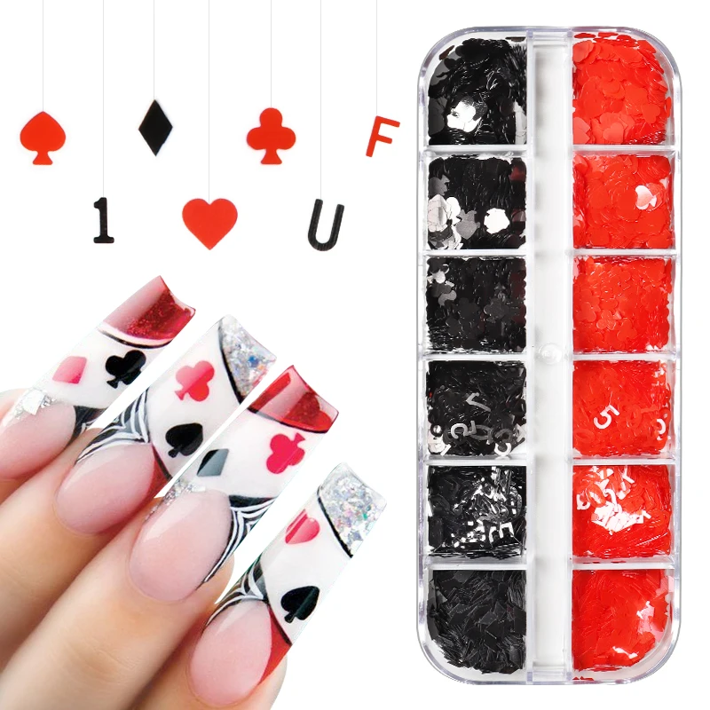 

Poker Letter Sequins Nail Decorations Red Black Heart Diamond Spade Design Paillettes Professional Nail Art Accessories Supplies