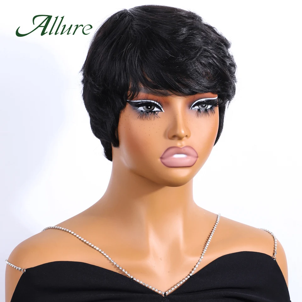 브라질리언 숏 스트레이트 픽시컷 인모 가발 앞머리 포함, 내추럴 블랙 컬러 머신메이드 여성용 가발, 매력적인 스타일
