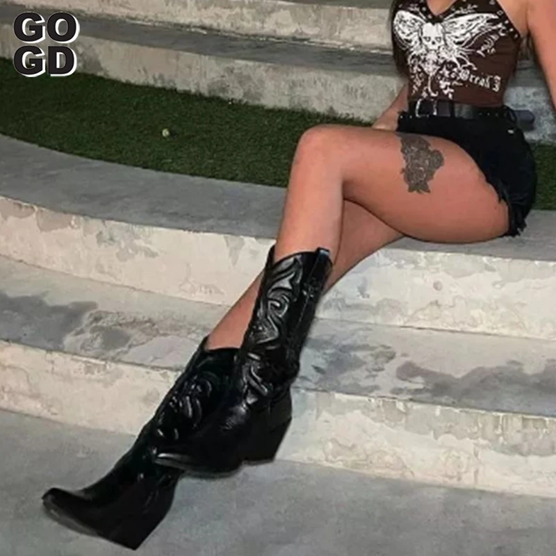 GOGD Mode Frauen 2023 Cowboy Kurze Knöchel Stiefel für Frauen Chunky Ferse Cowgirl Stiefel Bestickt Mittlere Waden Western Stiefel Heißer