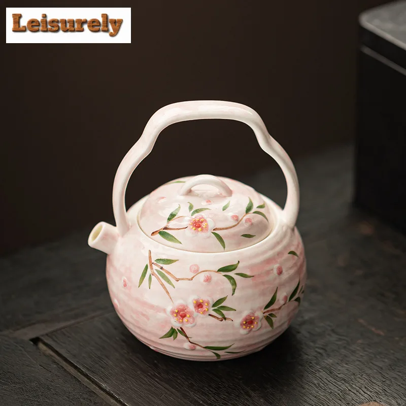 190ml Hand-painted Peach Blossom Lifting Handle Teapot Antique Tea Infuser Pot Tea Maker Kettle with Filter Tableware Ornaments