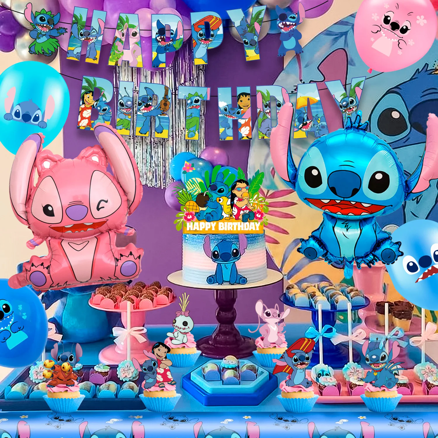 Stitch Birthday Party Decorations,36pcs Stitch Party Supplies-Stitch Balloon Tablecloth Backdrop etc Stitch Birthday Decorations
