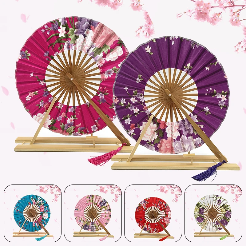 1pc Japanese Style Windmill Round Fans Bamboo Bone Folding Fans Sakura Silk Cloth Dance Fan Crafts Gift Grace Ink Flower folding fan,silk fans