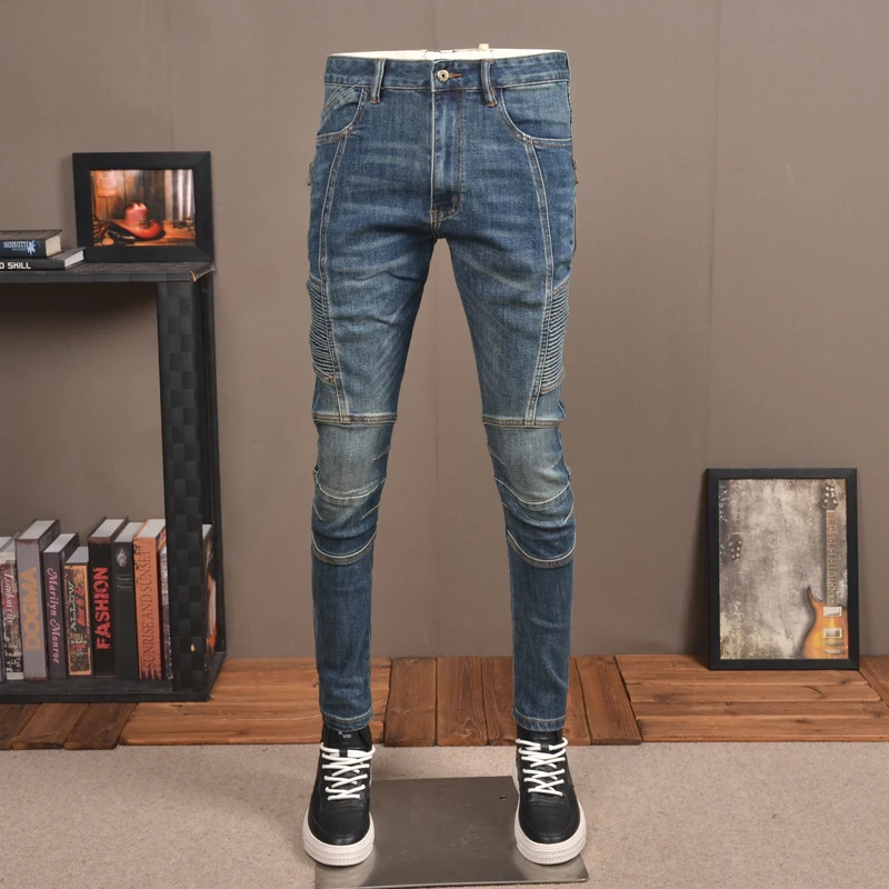 Autumn Blue Slim Fit Straight Jeans Men Korean Style Fashion Zipper Patchwork Denim Pants