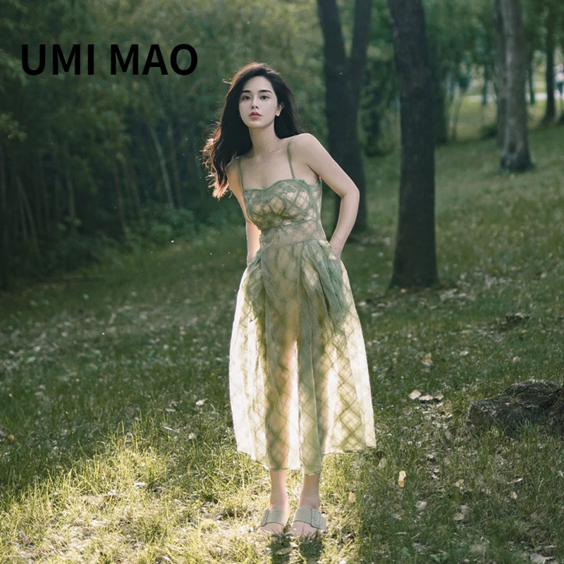 UMI MAO Women's High-end Sense Niche French Temperament Grid Green Suspender Dress Female Super Fairy New Femme Women Y2K |